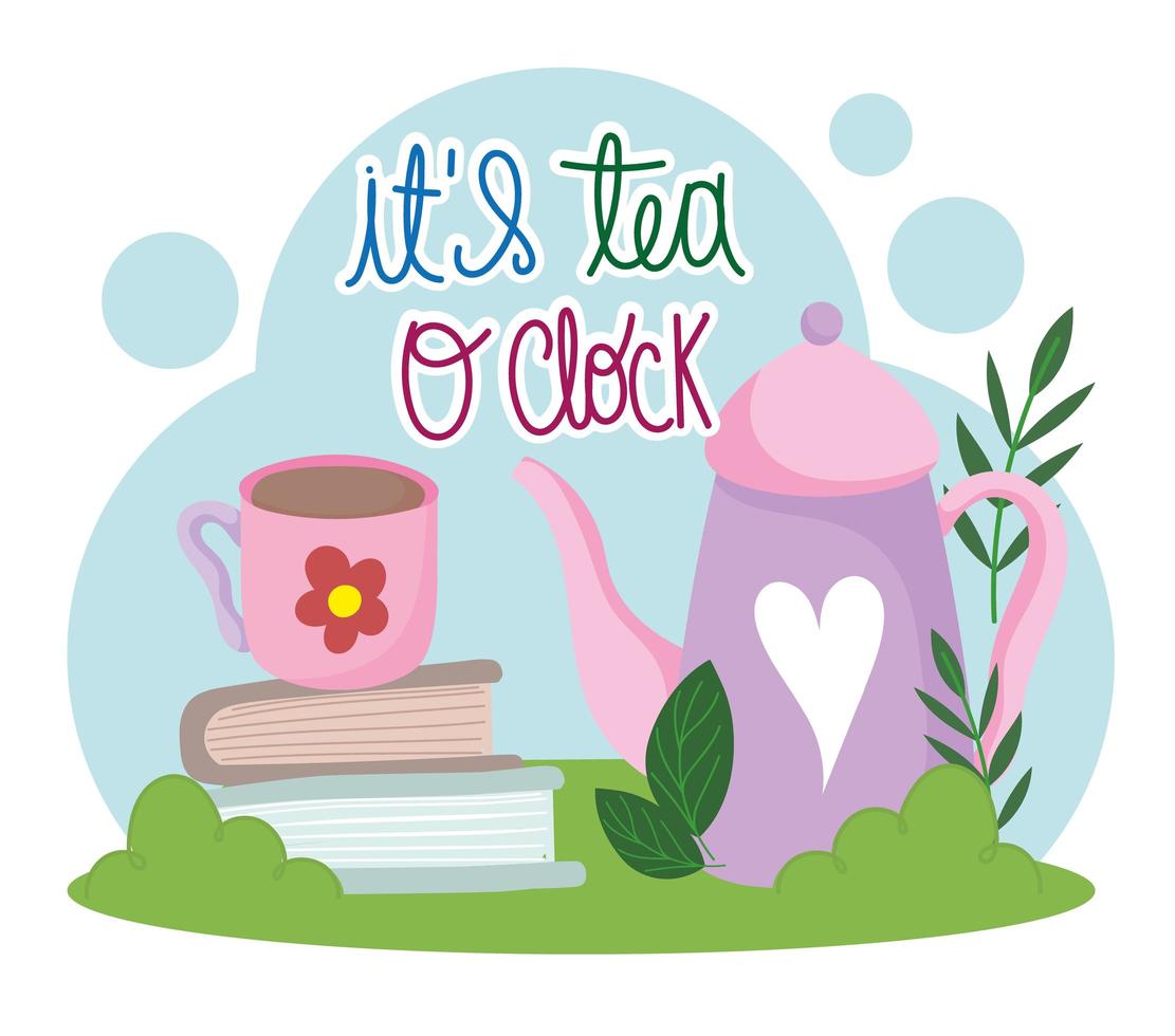 Tea time, teapot cup on books grass flower leaves cartoon vector