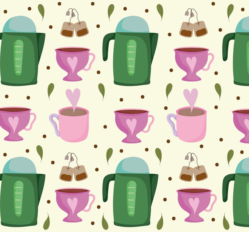 Tea time kettles teacups teabags beverage adorable background vector