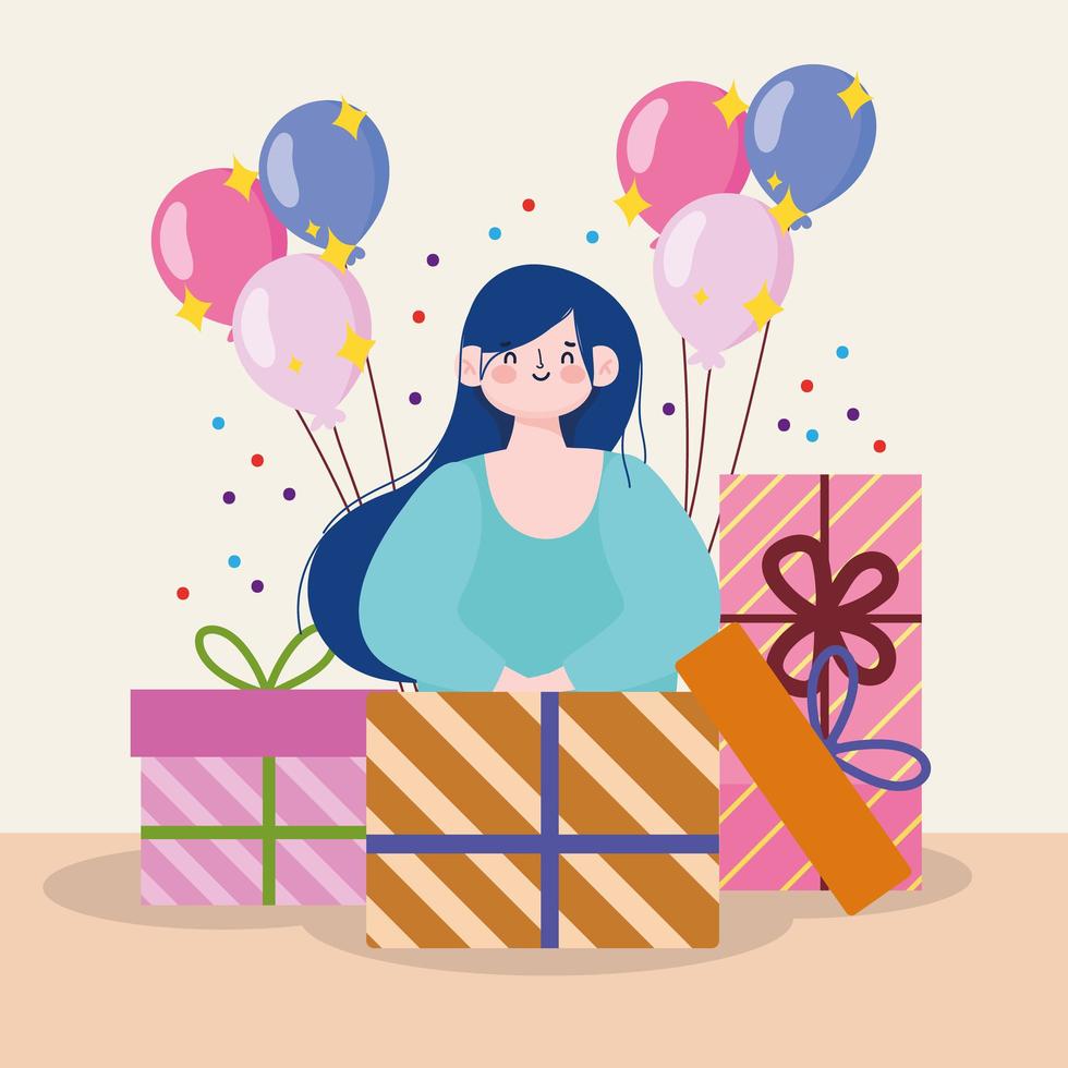 niña saliendo caja de regalo con regalos globos celebración dibujos animados vector