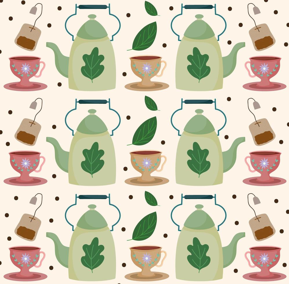 Tea time teapots teacups teabags beverage herbal leaves background vector