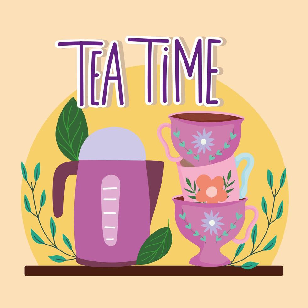 Tea time teapot and stack of cups decorative flowers and herbs vector