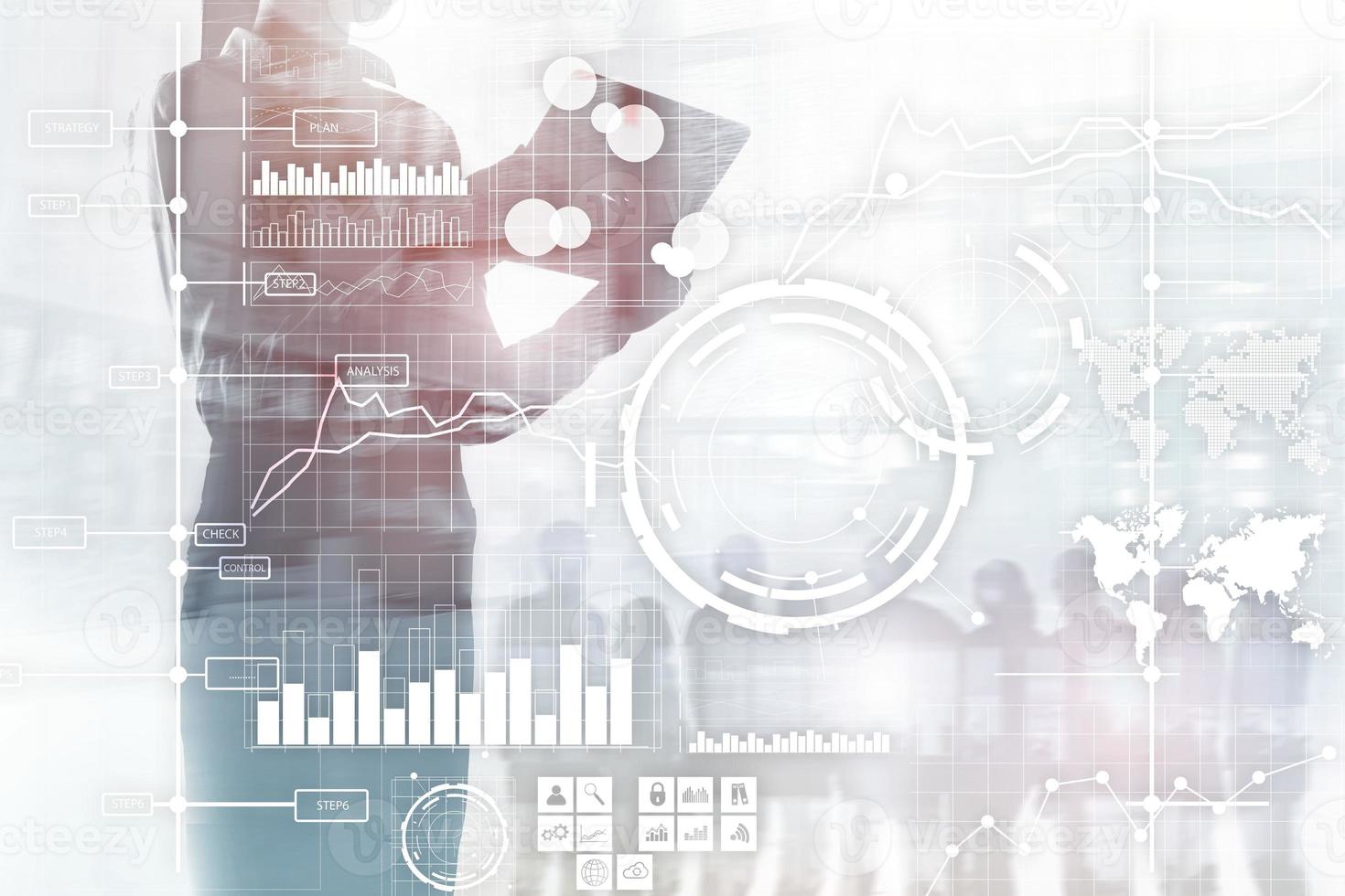 Business intelligence BI Key performance indicator KPI Analysis dashboard transparent blurred background. photo