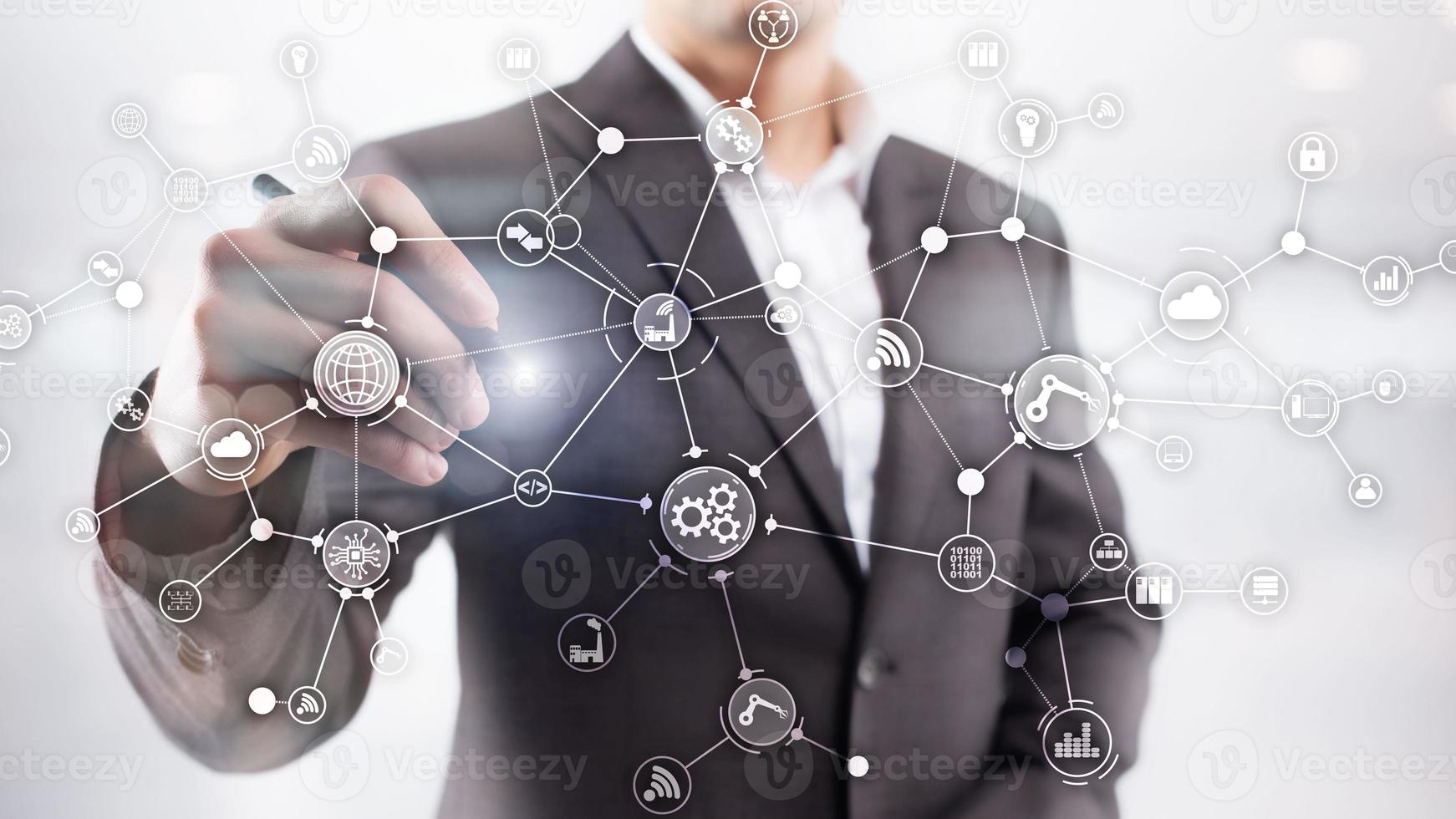 Technology industrial business process workflow organisation structure on virtual screen. IOT smart industry concept mixed media diagram photo