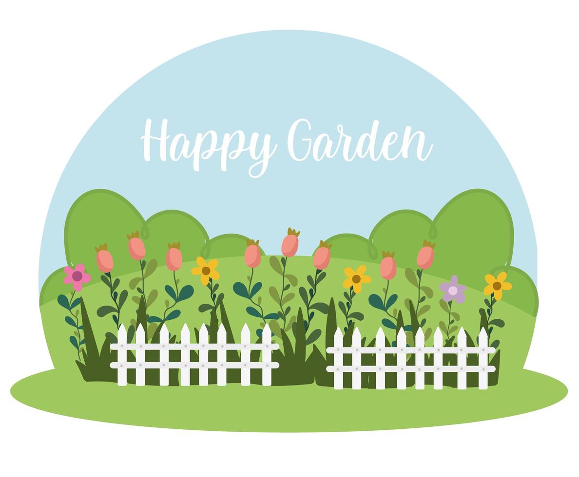 Gardening white fence flowers grass bushes, happy garden vector