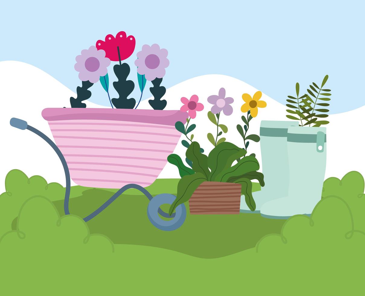 Gardening, wheelbarrow pot and boots with flowers and plants vector