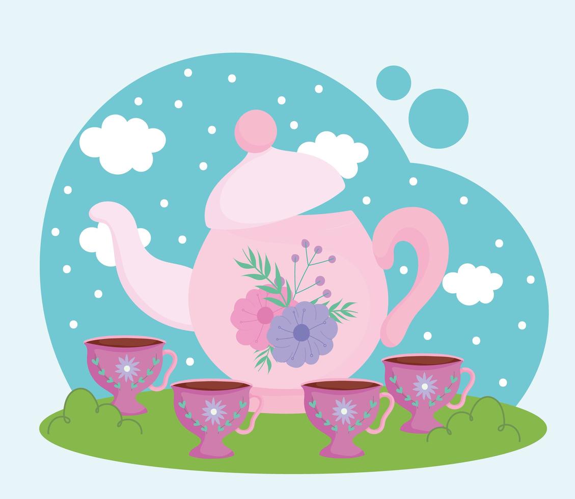 Tea time, floral decorative teapot and cups landscaping vector