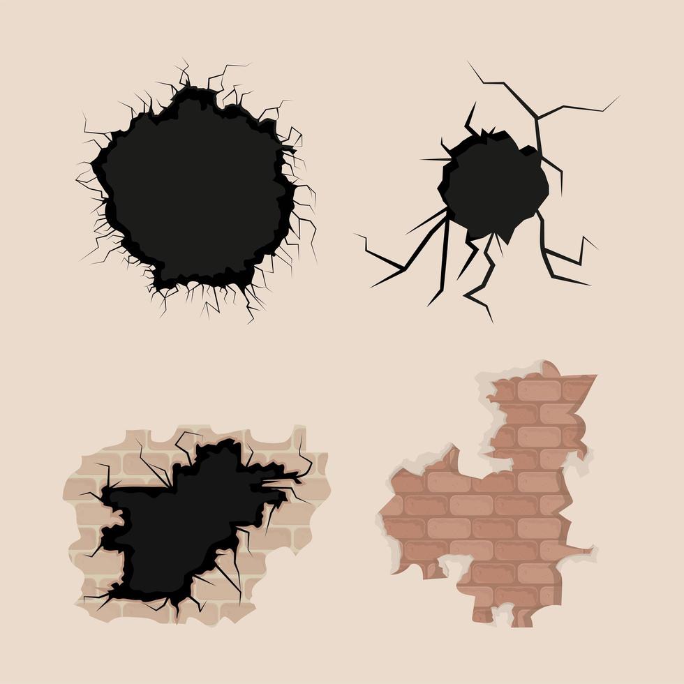 icon set cracked bricks wall vector