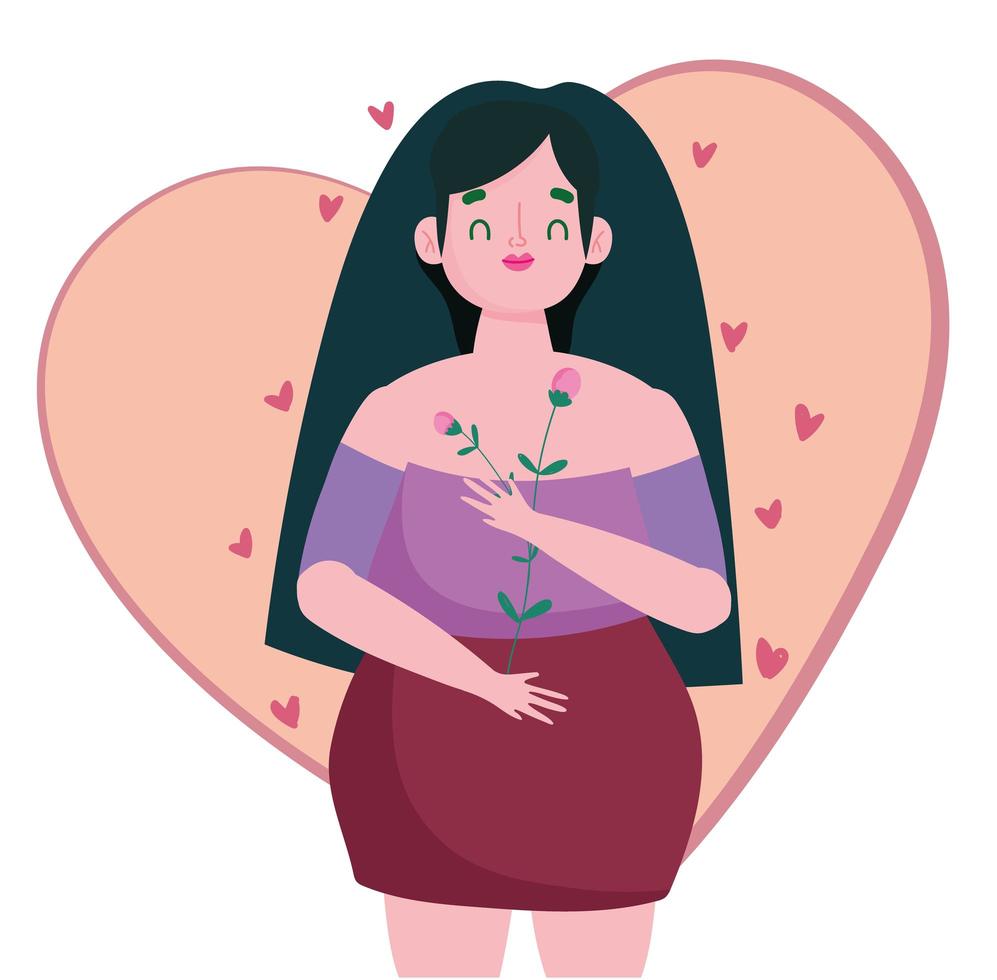 mujer de talla grande con flores personaje de dibujos animados amor propio vector