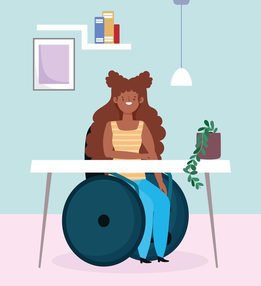 afro american disabled girl sitting in a wheelchair working, inclusion vector