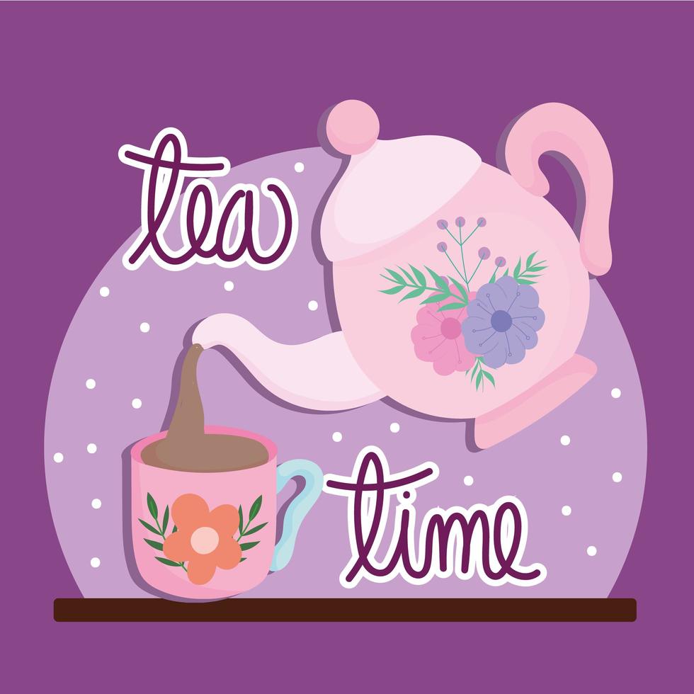 Tea time, kettle pouring tea in cup with flower vector