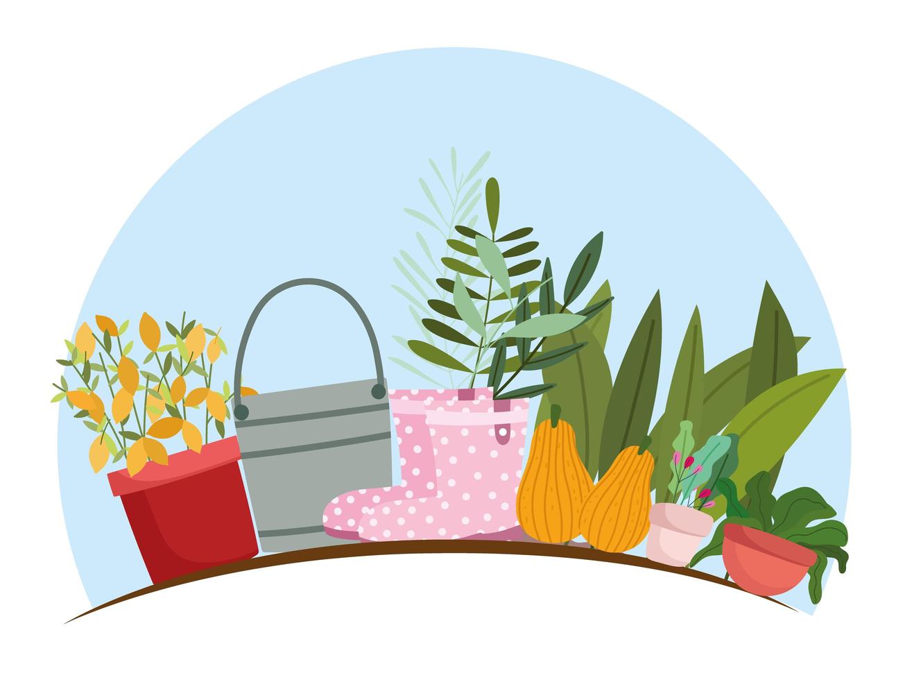 jardinería, botas de calabaza de cubo y plantas y flores en macetas vector