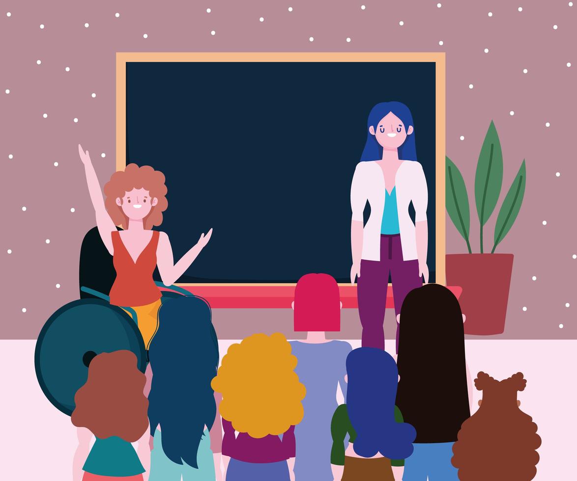 teacher and group diverse students classroom, inclusion vector