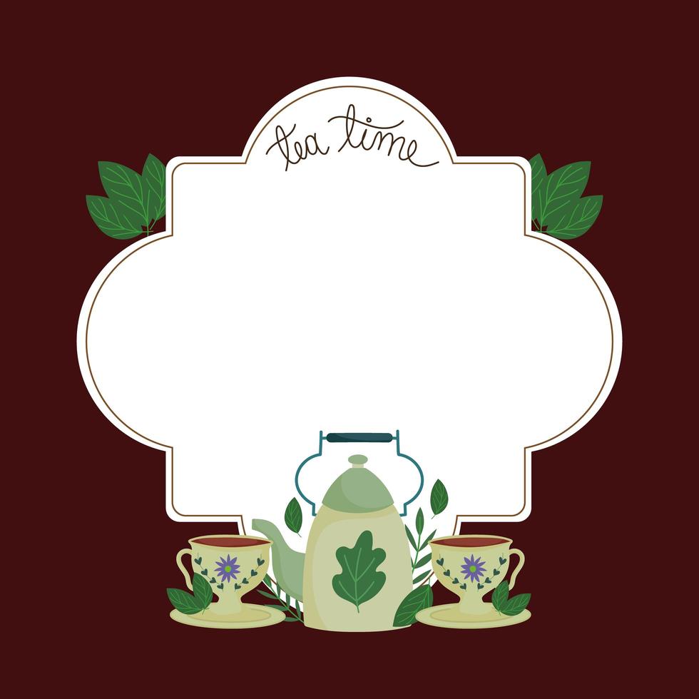 la hora del té tazas de tetera verde deja diseño de insignia de la naturaleza vector