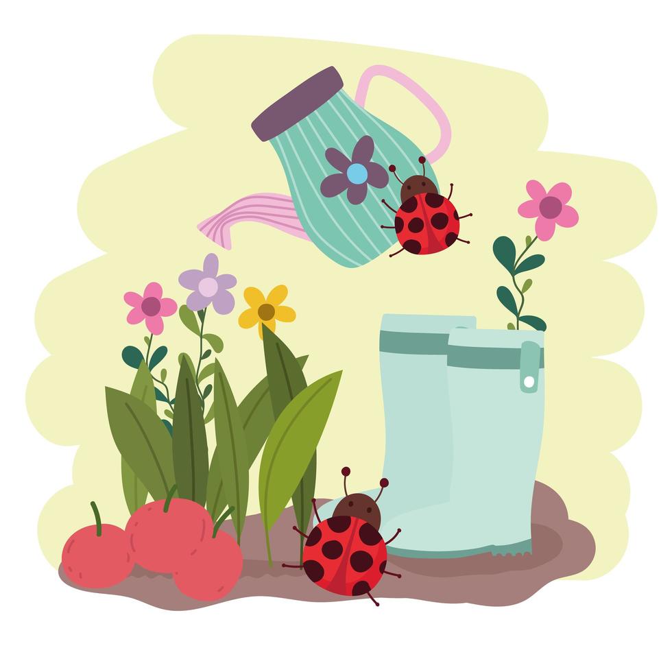 Gardening watering can boots ladybird apples and flowers vector