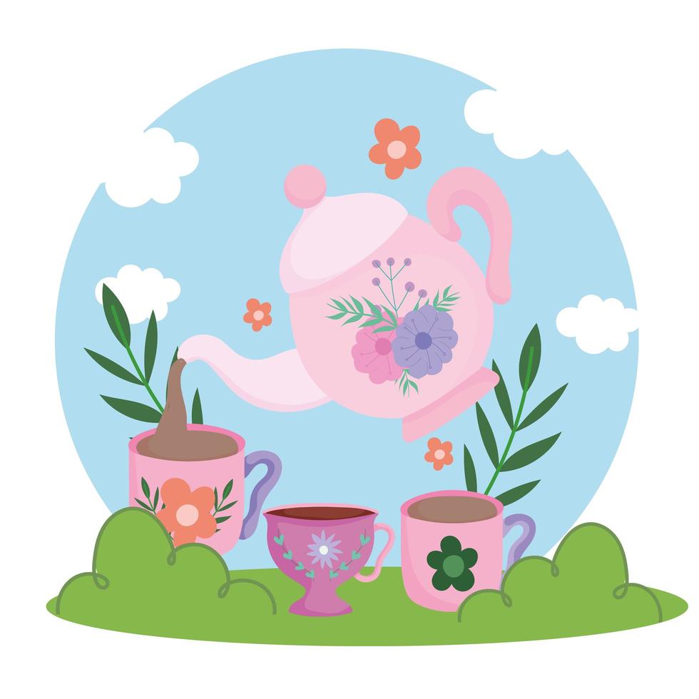 Tea time, kettle pouring on cups fresh beverage, foral flowers and grass nature vector