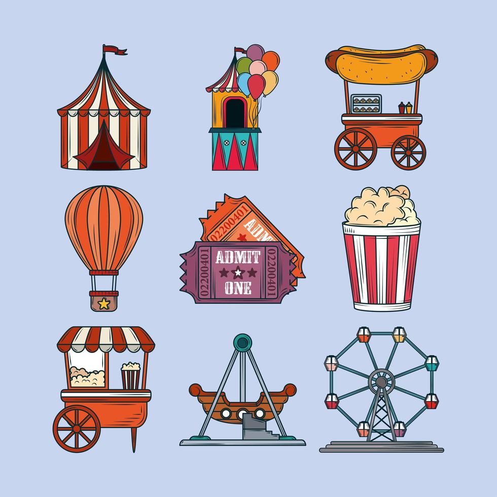 amusement park icons set vector
