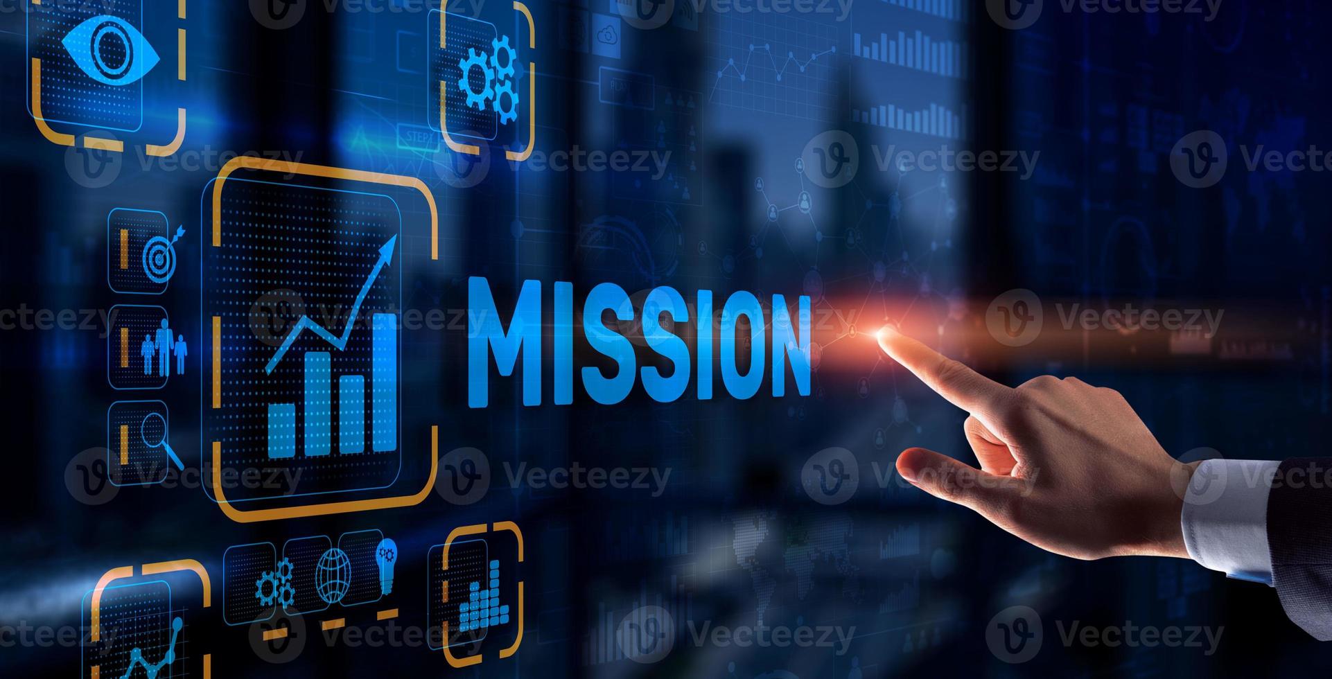 Businessman clicks on virtual screen Mission photo