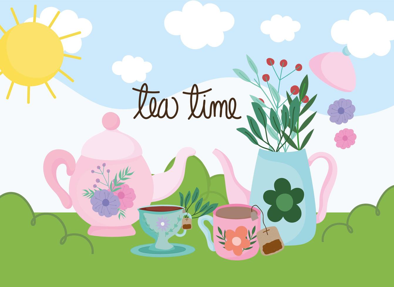 Tea time, kettles cups with herbs leaves nature landscape vector