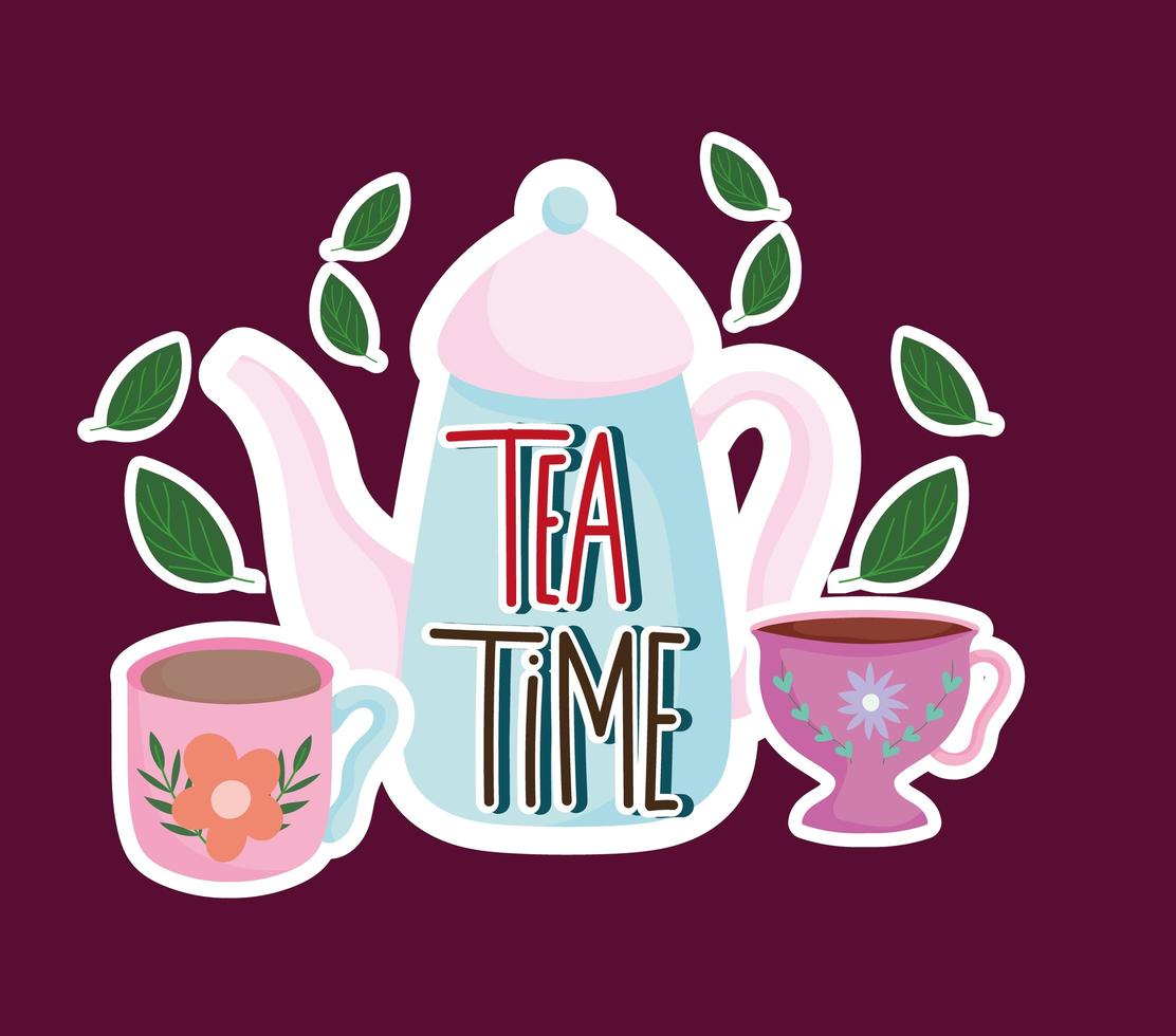 Tea time kettle and cups leaves mint nature herbal vector