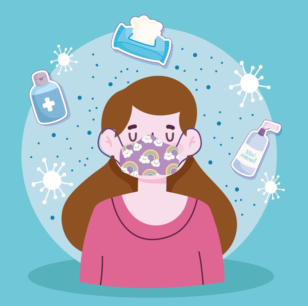 new normal lifestyle, girl with mask alcohol bottle and tissue paper cartoon style vector