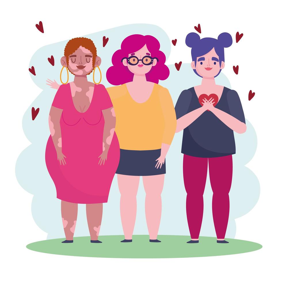 grupo de mujeres diverso personaje de dibujos animados amor propio vector