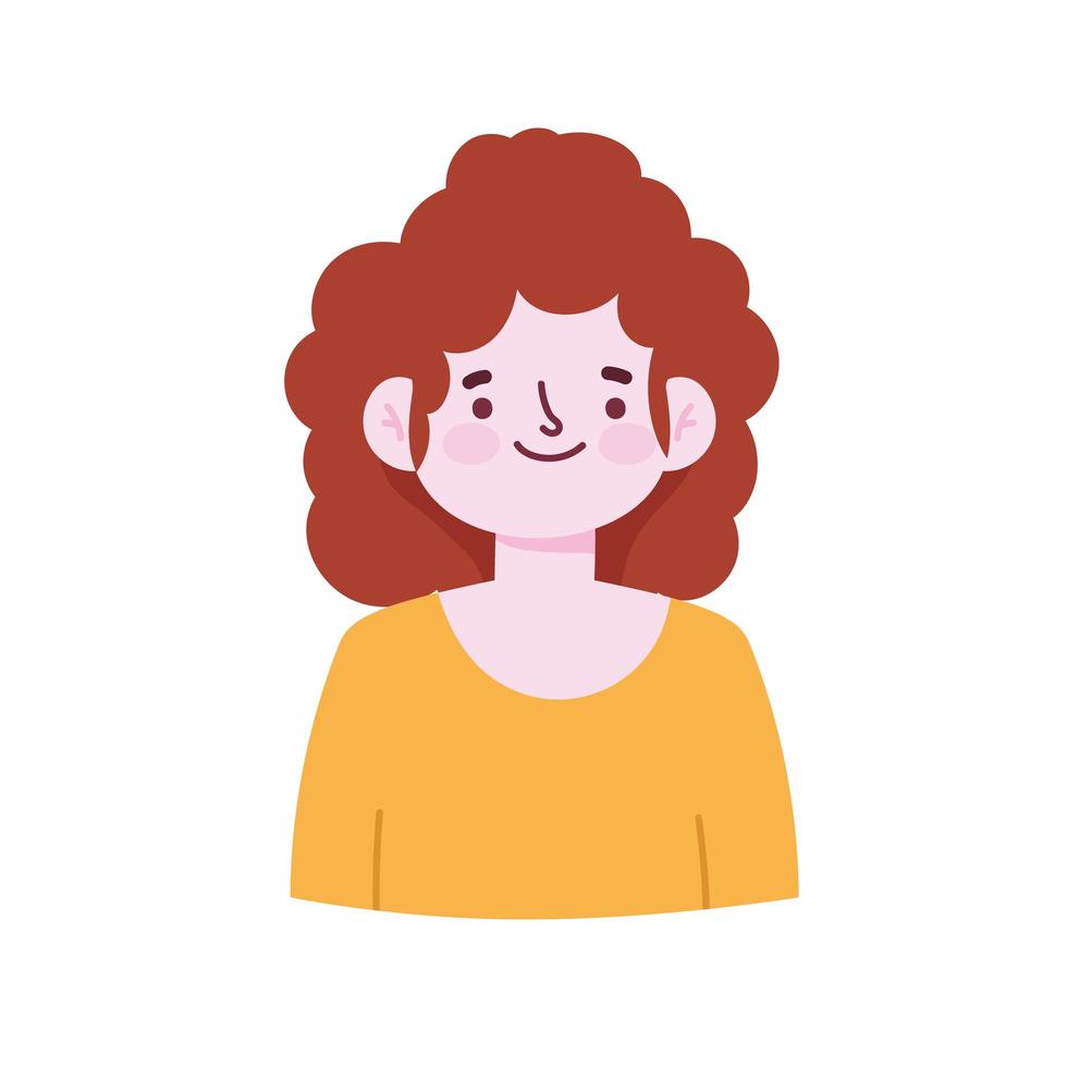 caricatura, mujer, carácter, pelo rizado, icono, aislado, estilo vector