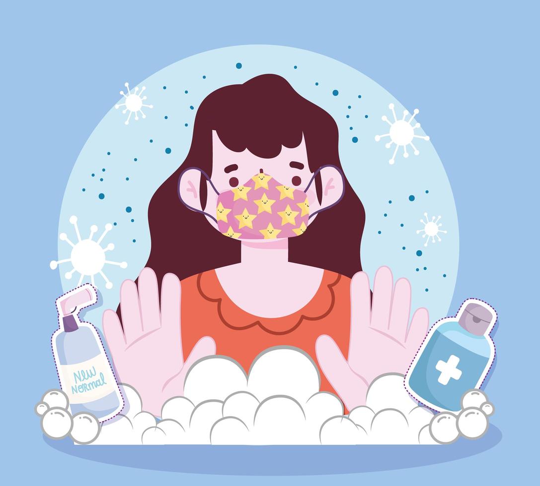 new normal lifestyle, woman with mask disinfectant spray and sanitizer cartoon style vector