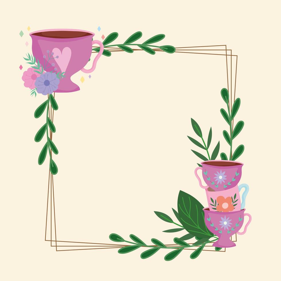 Marco de tiempo de té con tazas decoración flores hojas menta naturaleza vector