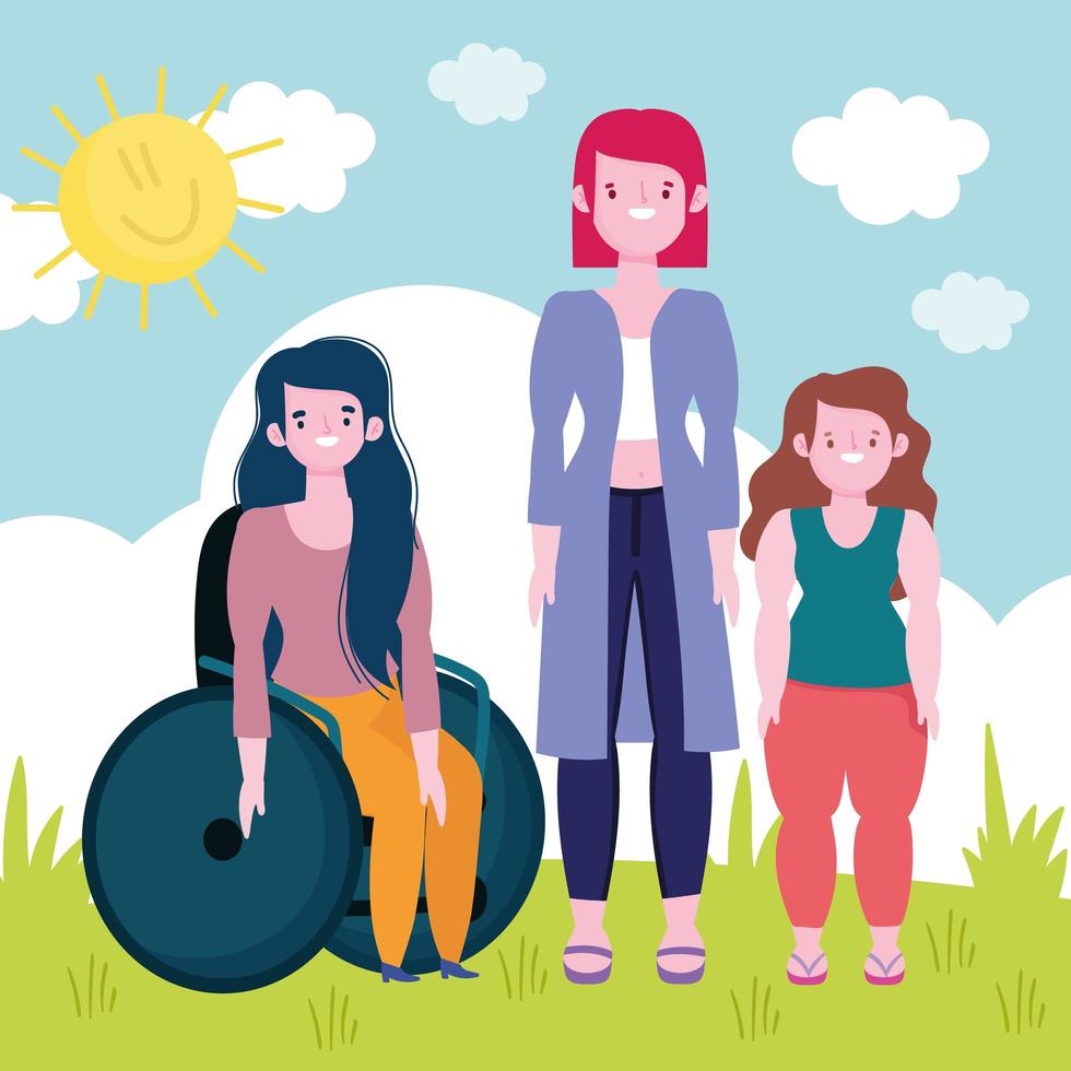 diverse female and disabled girl sitting on wheelchair in park, inclusion vector