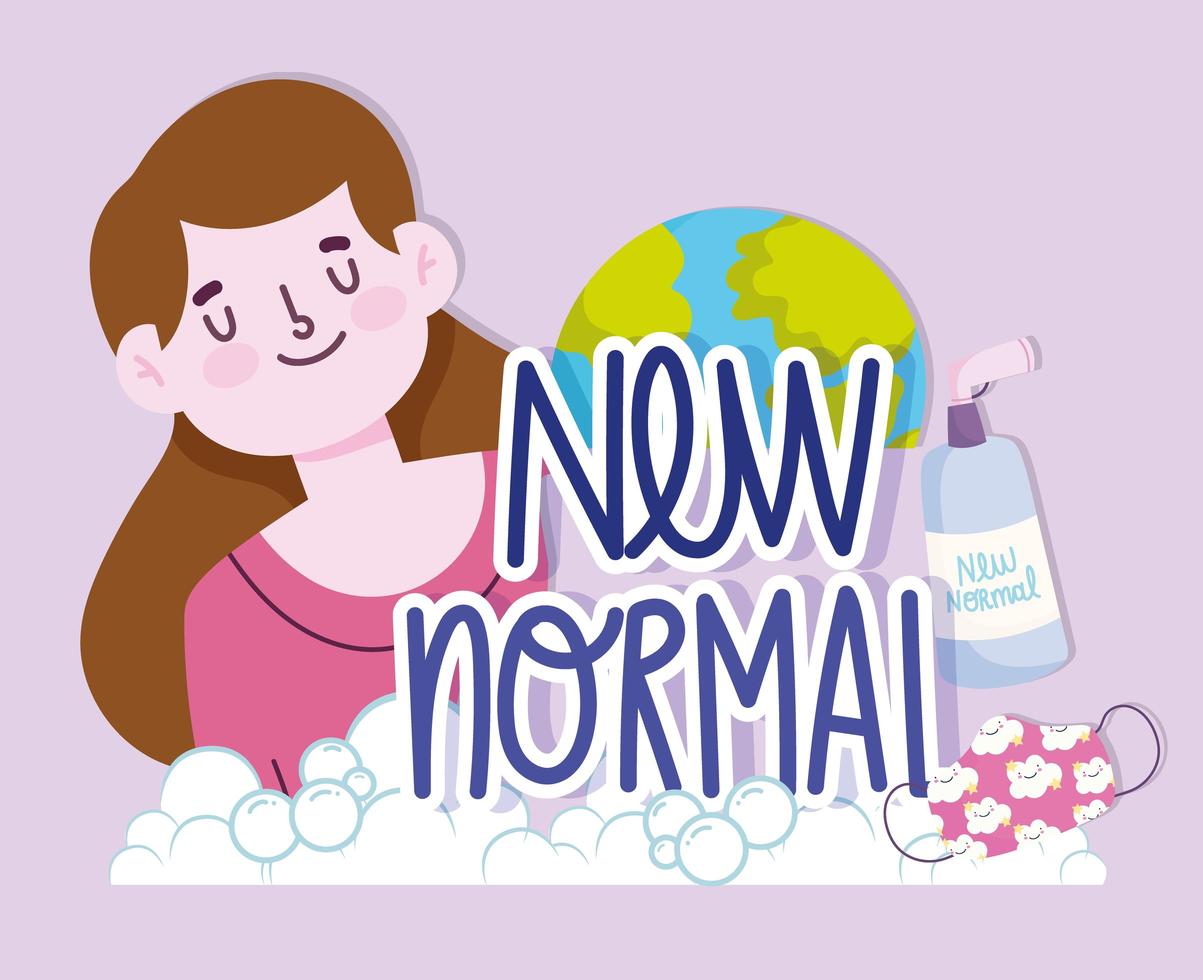 new normal lifestyle, girl with mask disinfectant spray and planet cartoon style vector