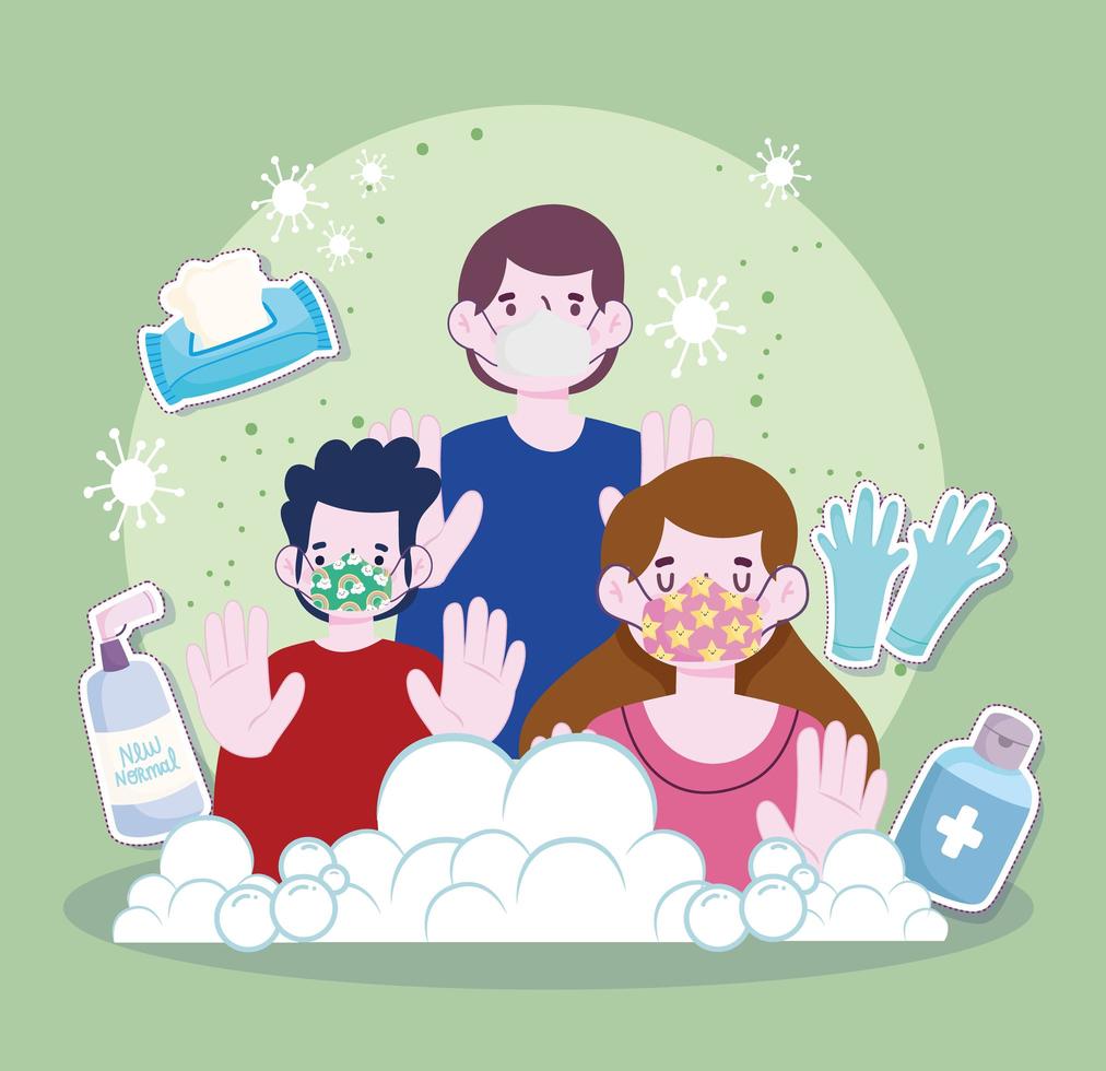 new normal lifestyle, people wearing masks and sanitizer elements cartoon style vector