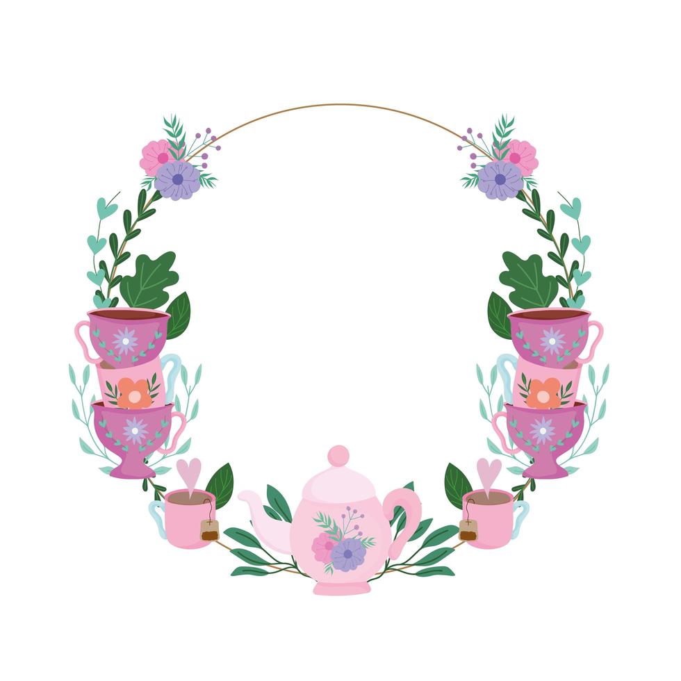 la hora del té, guirnalda floral tazas decoración flores y hojas vector