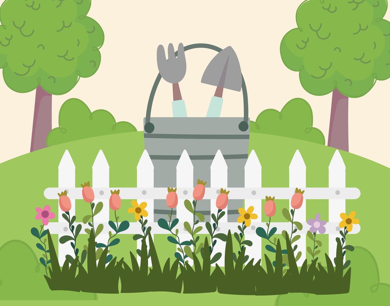 Gardening, bucket with shovel rake fence and flowers grass vector