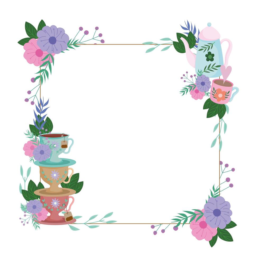 la hora del té, borde decorativo con tazas y flores, hojas, plantas vector