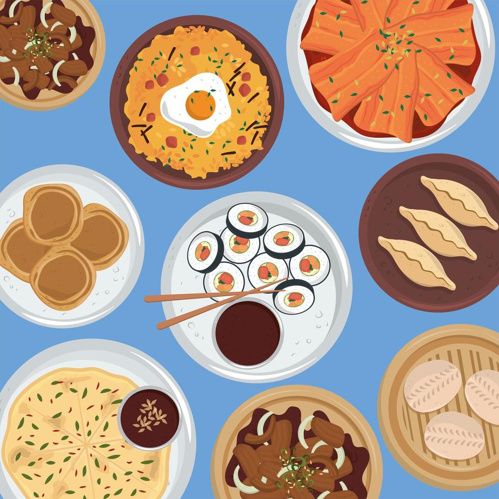 collection of korean food dishes vector