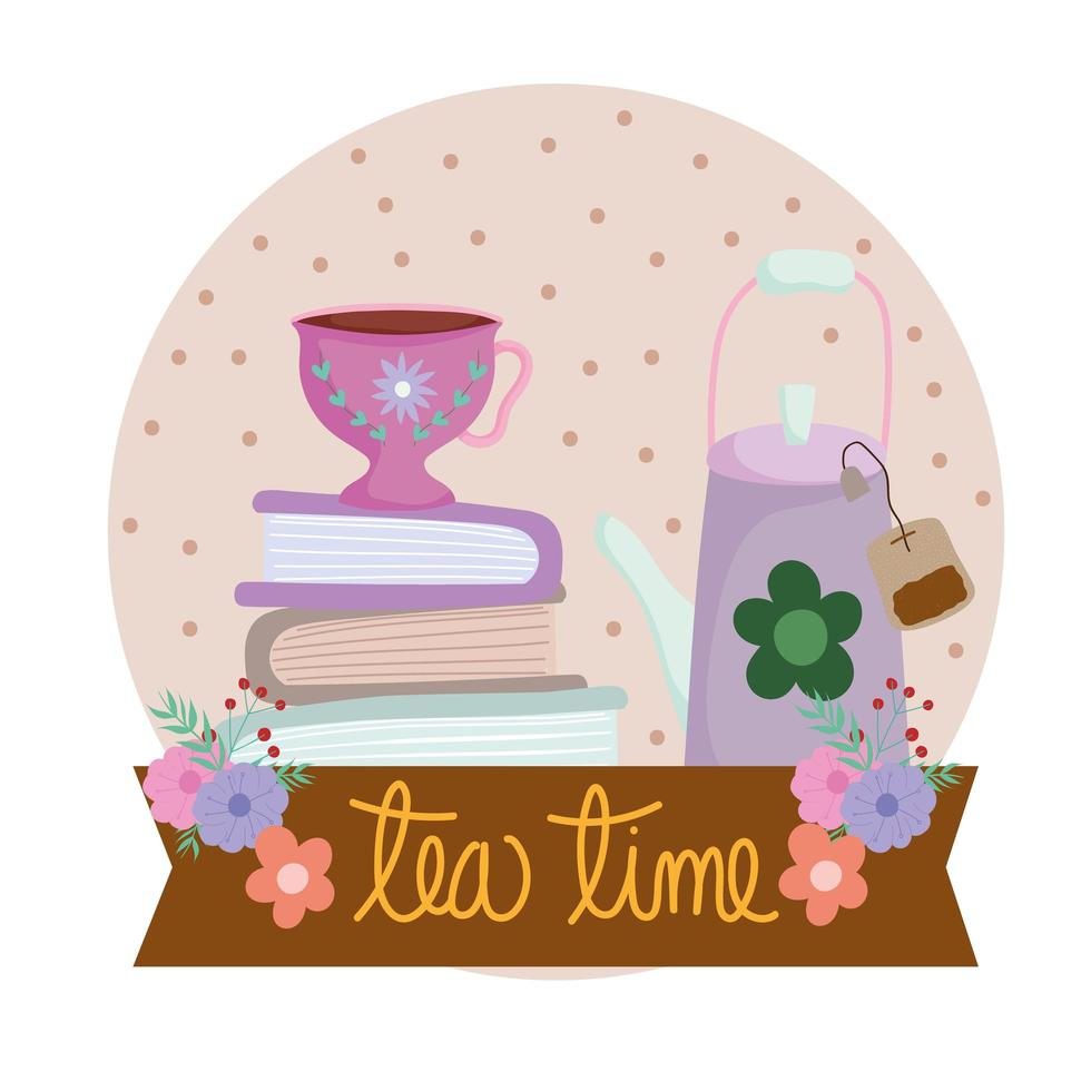 La hora del té, hervidor de agua, taza de bolsita de té en la pila de libros, decoración floral vector