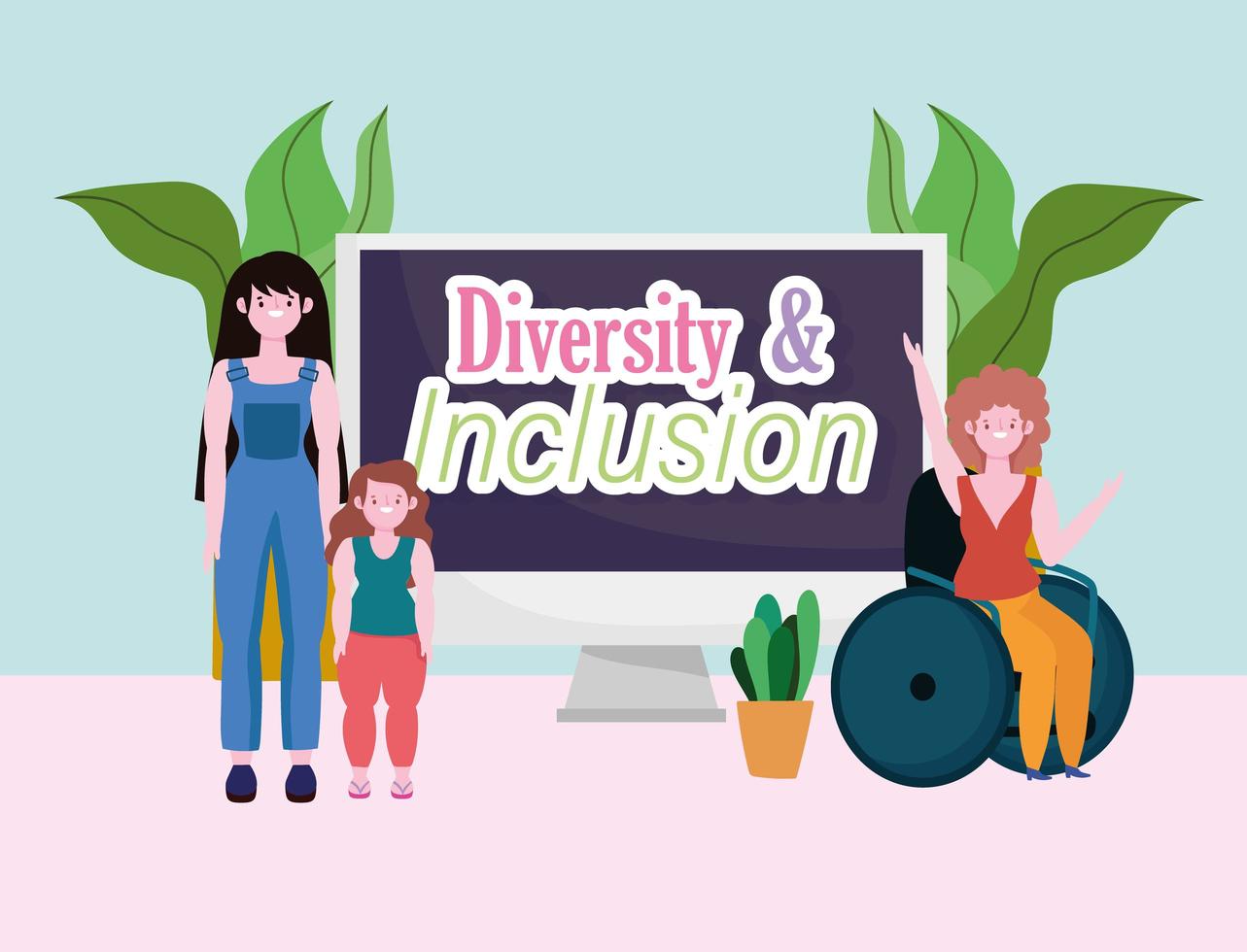 female group and woman with achondroplasia, disabled girl sitting in a wheelchair, inclusion vector