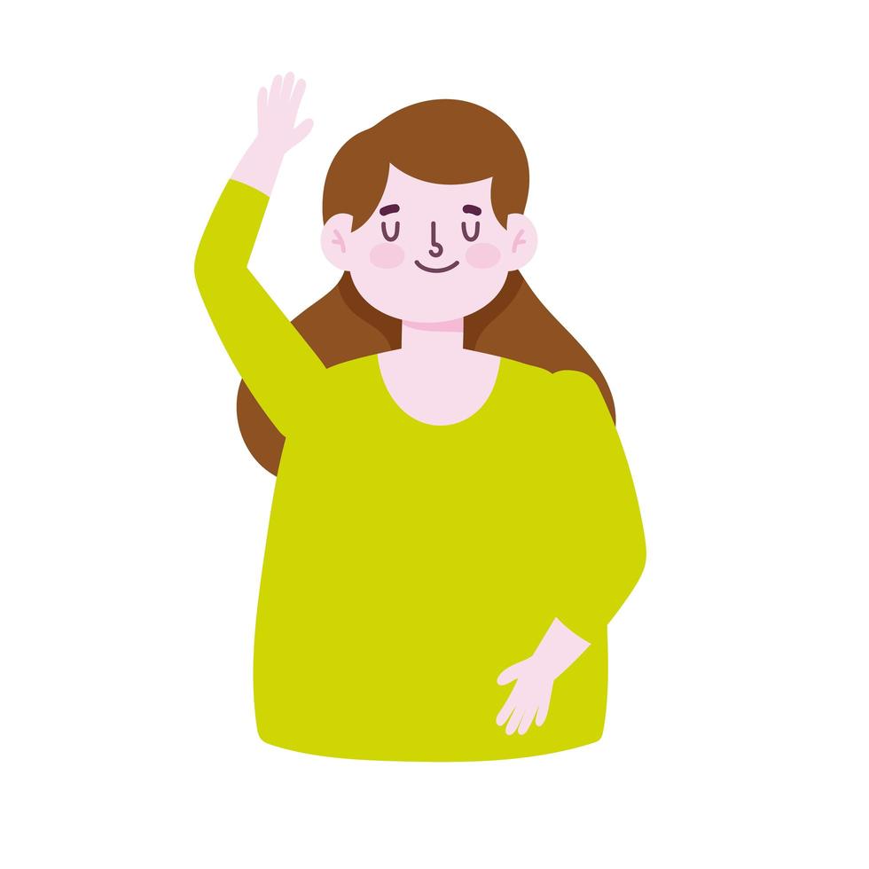 cartoon female woman character waving hand icon isolated style vector