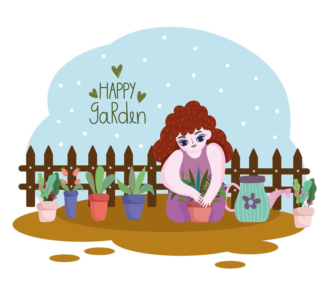 jardinería, niña con plantas en macetas regadera y valla vector