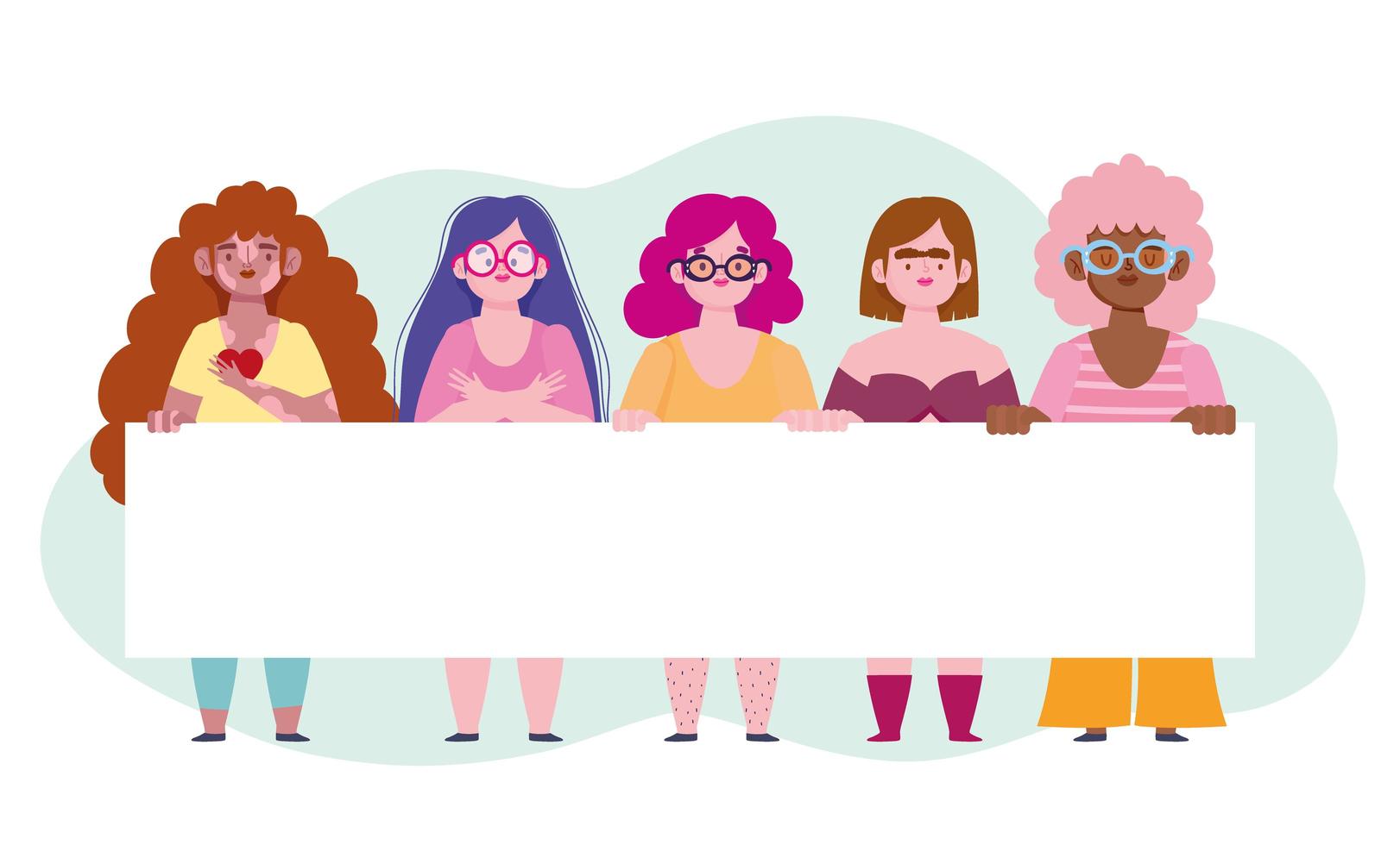 grupo de mujeres diverso con banner personaje de dibujos animados amor propio vector