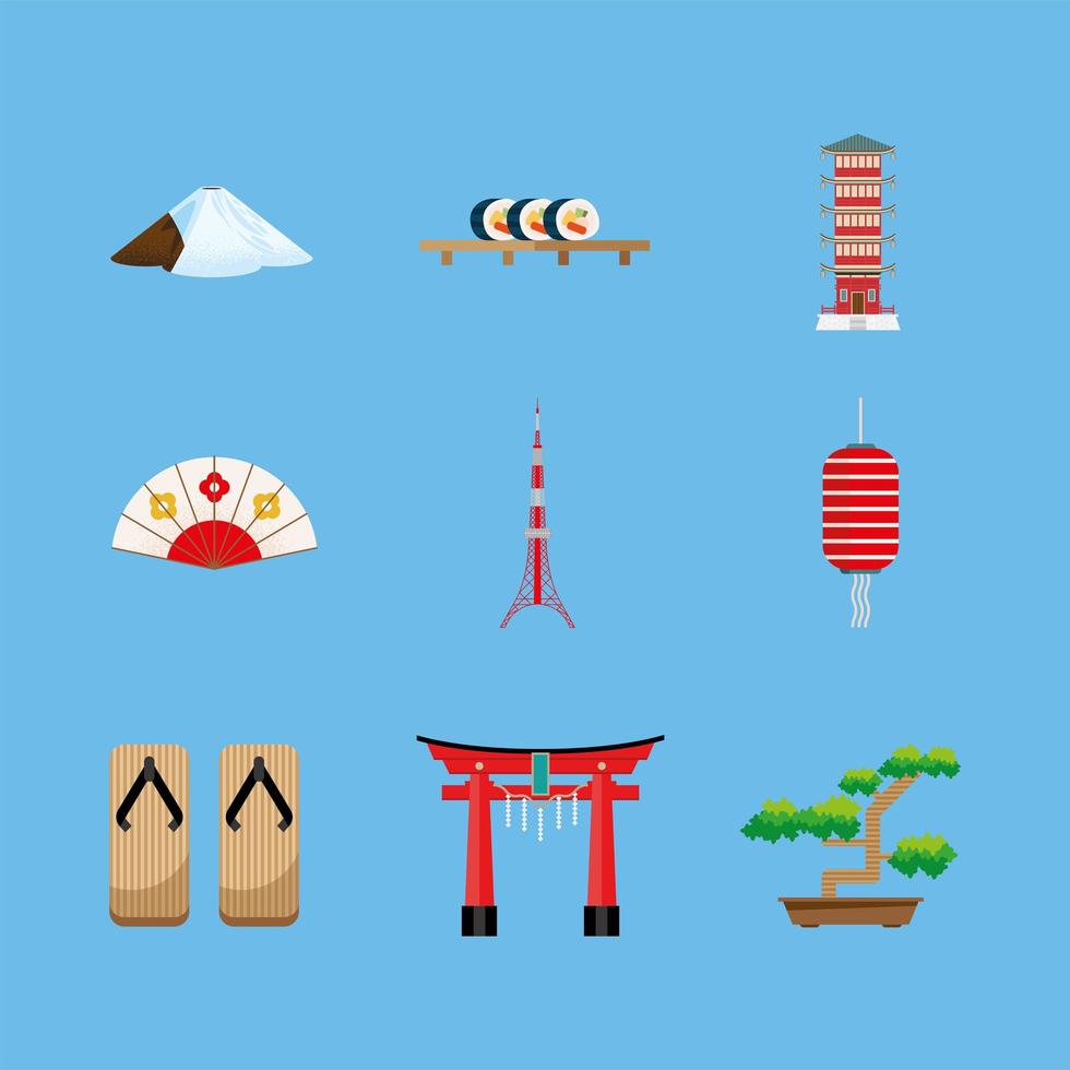 nueve iconos de la cultura japonesa vector