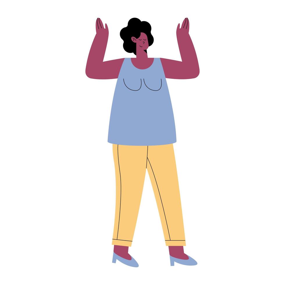 Black woman with hands up praising vector