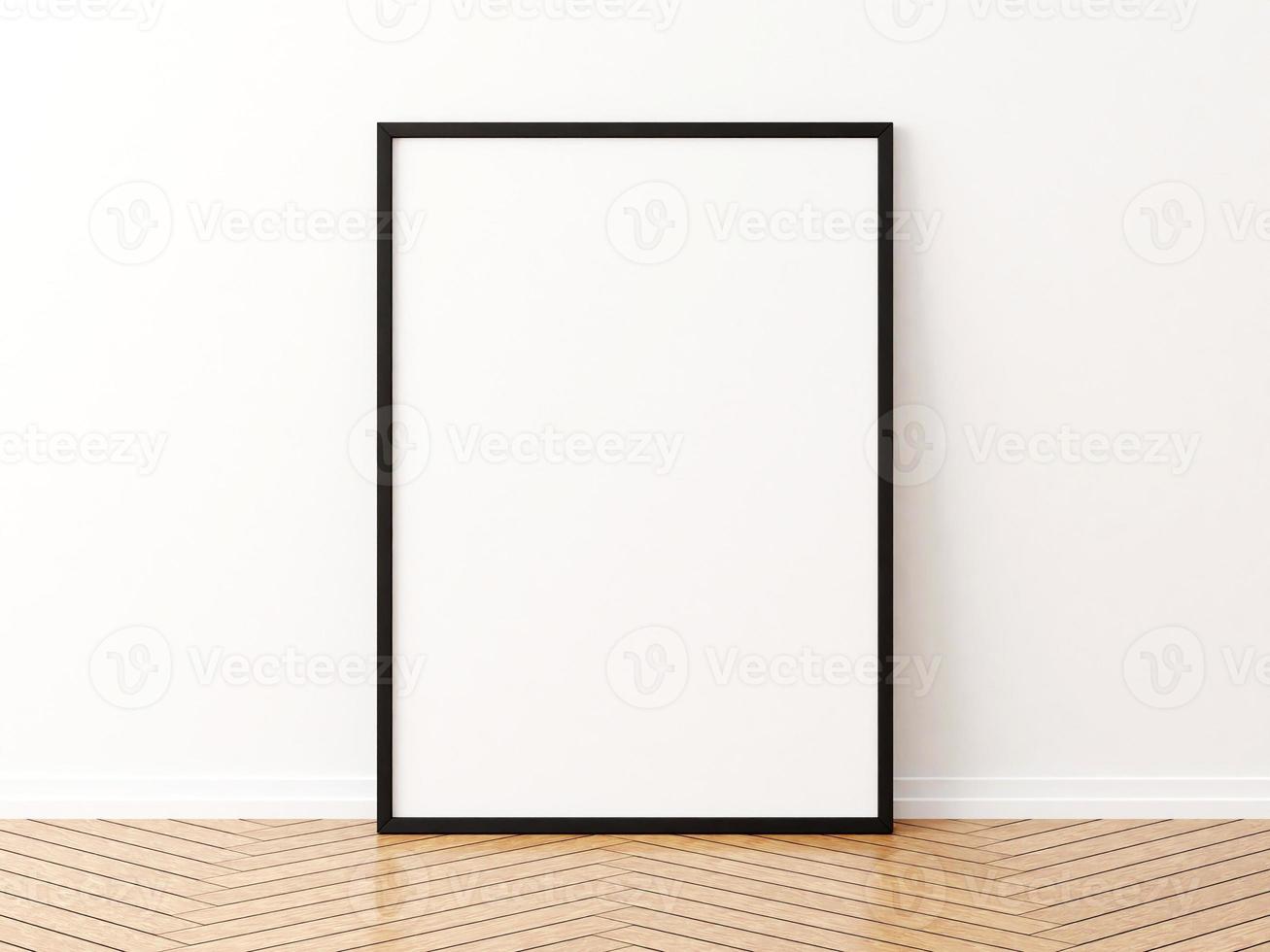 Black vertical frame mockup on the wooden floor. 3d rendering. photo