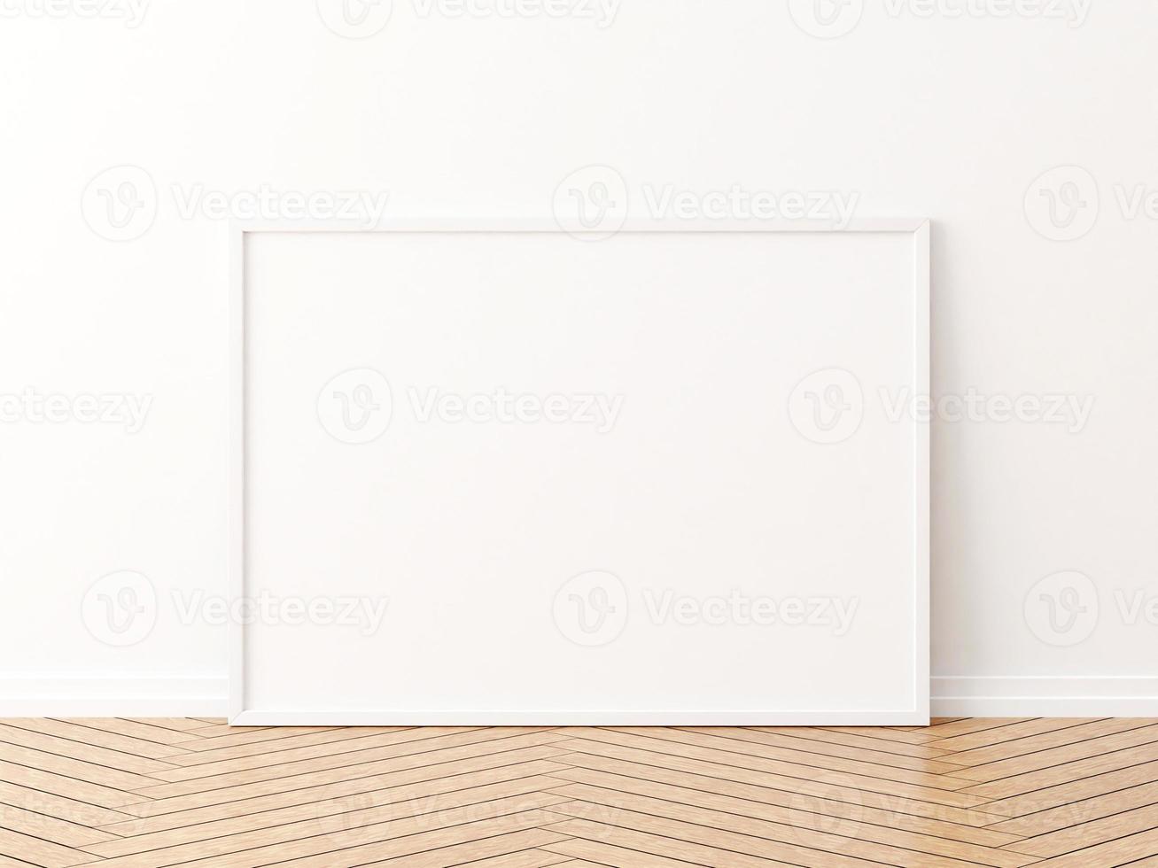 White horizontal frame mockup on the wooden floor. 3d rendering. photo