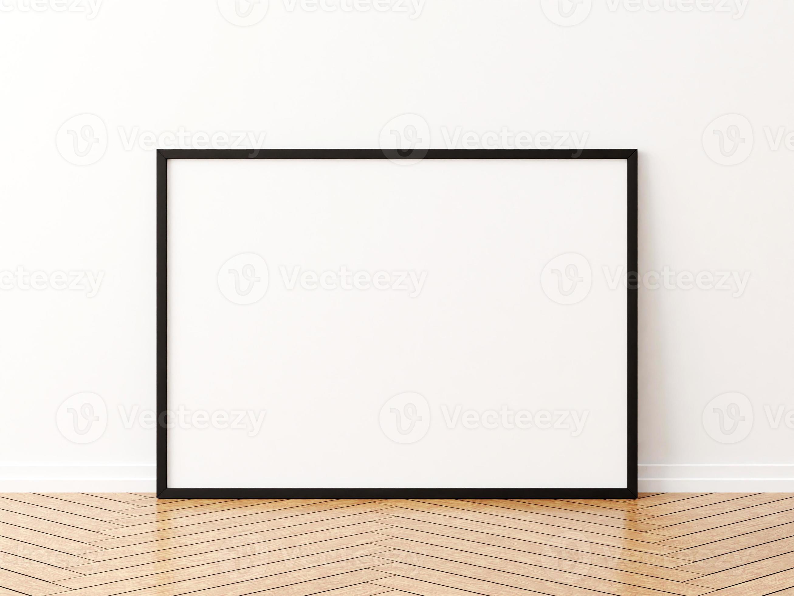 Black horizontal frame mockup on the wooden floor. 3d rendering