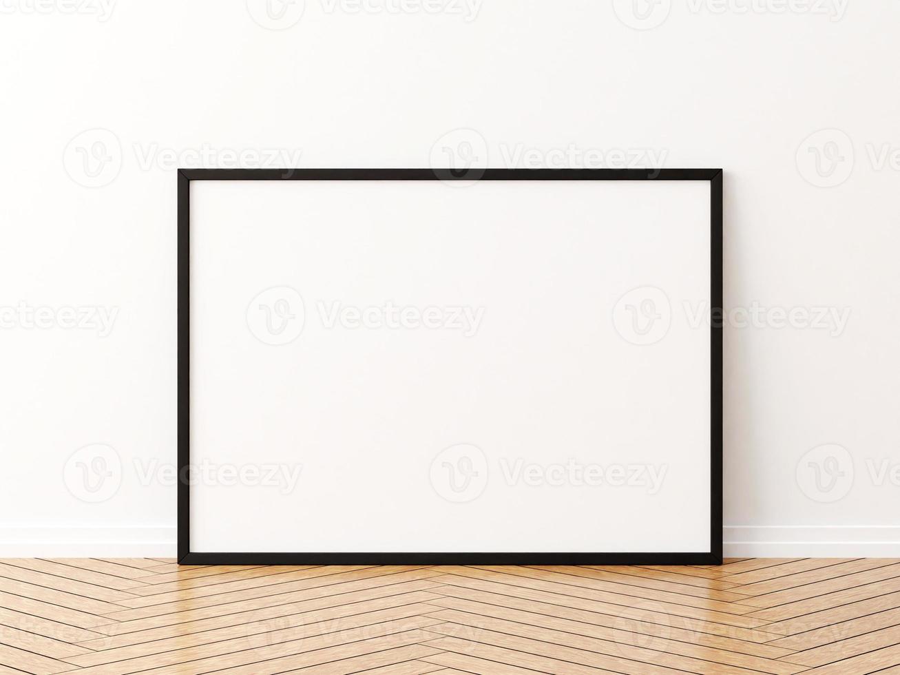 Black horizontal frame mockup on the wooden floor. 3d rendering. photo