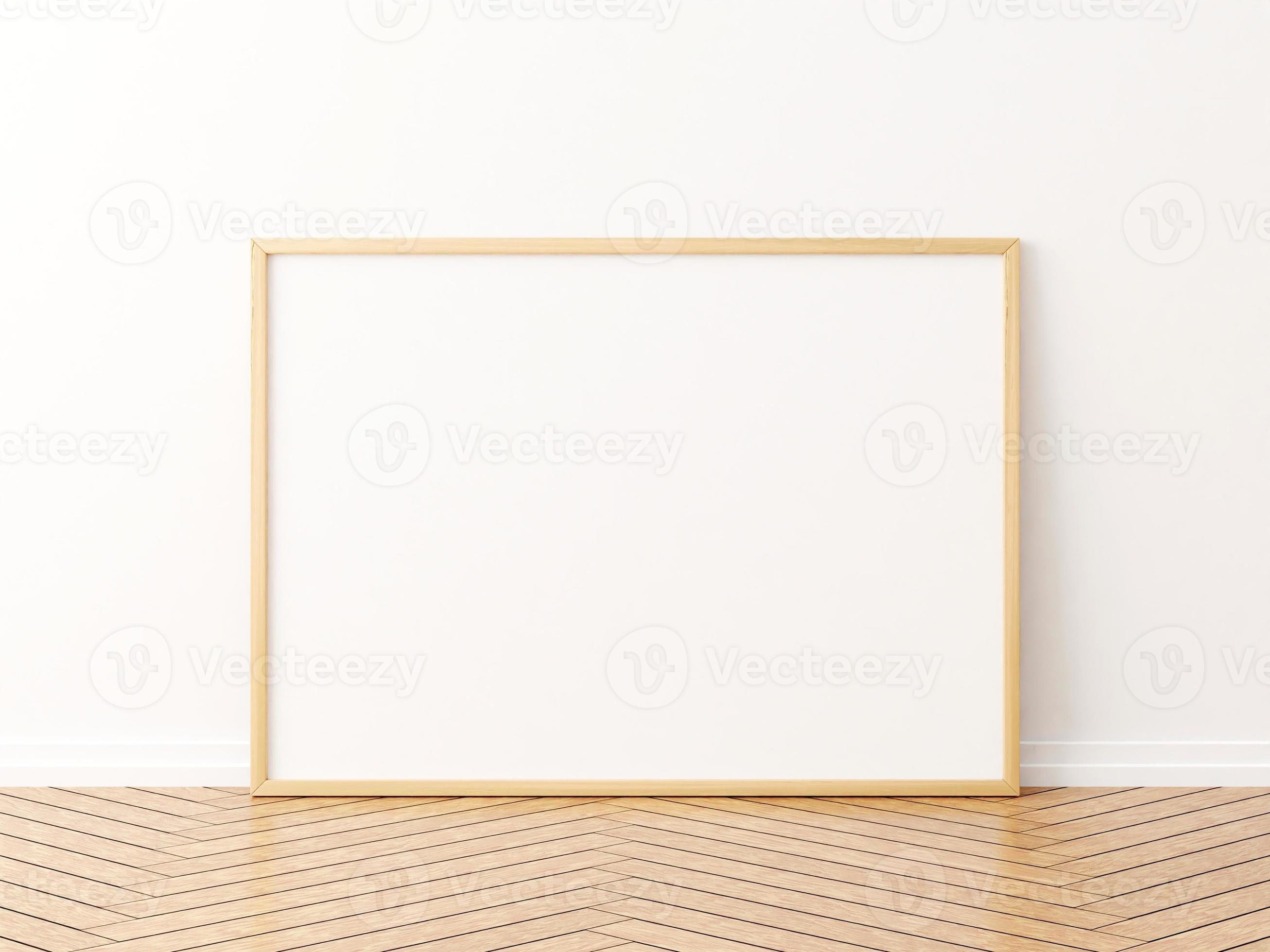 Horizontal wooden frame mockup on the wooden floor. 3d rendering