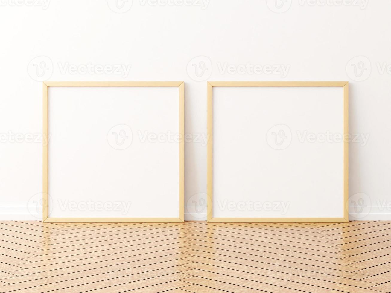 Two square wooden frame mockup on the wooden floor. 3d rendering. photo