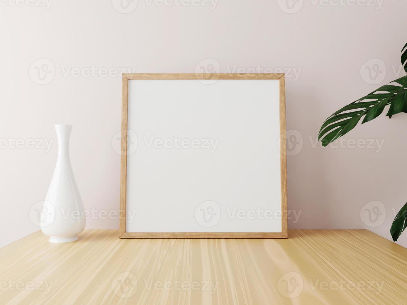 Square wooden frame mockup on wooden table with vase and plants. 3d rendering. photo