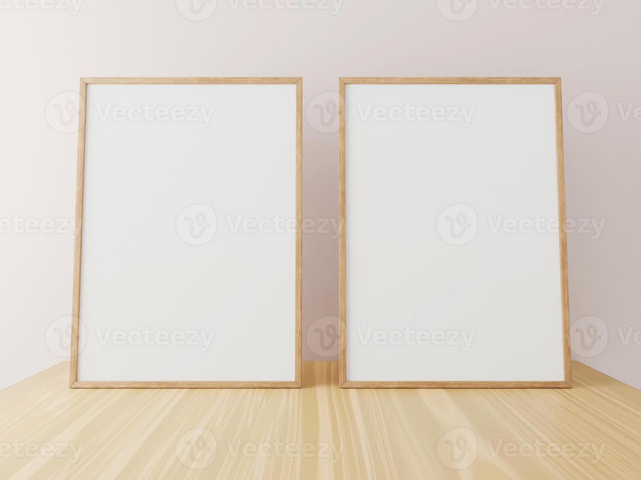 Two vertical wooden frame mockup on wooden table. 3d rendering. photo